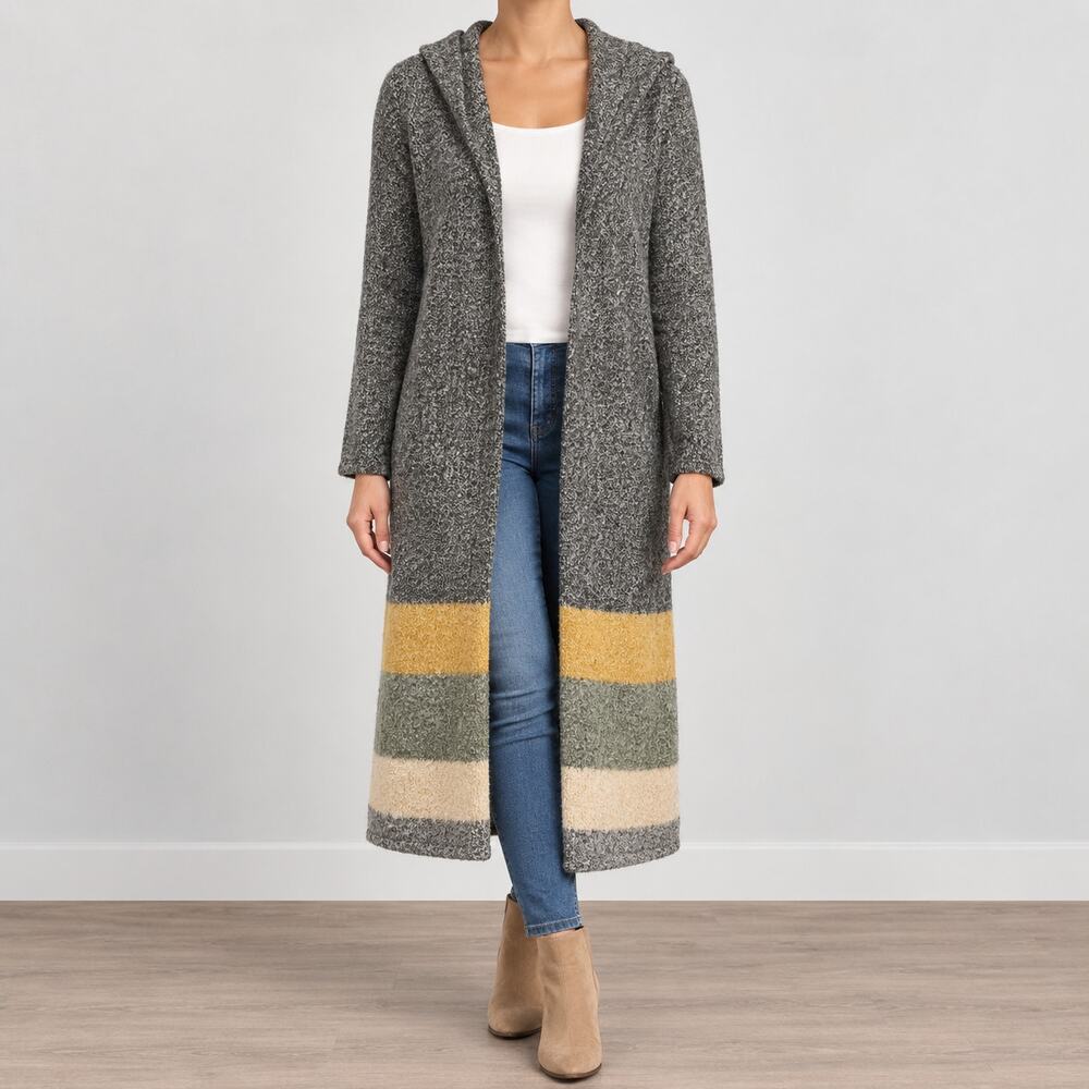 Hem & Thread Womens Duster Cardigan Sweater Size M Hooded Gray Striped Open Boho